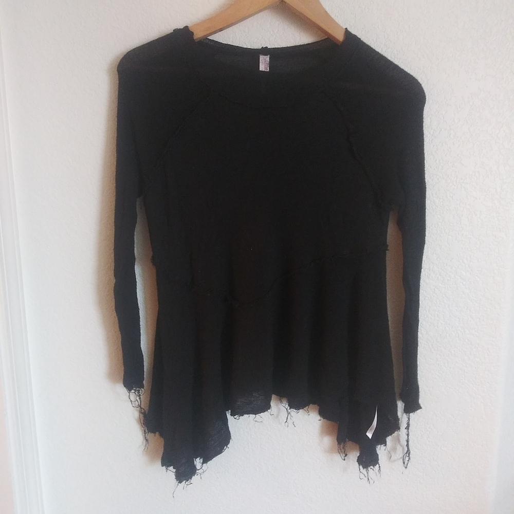 Free People Black Raw Hem High Neck Quarter Sleeve